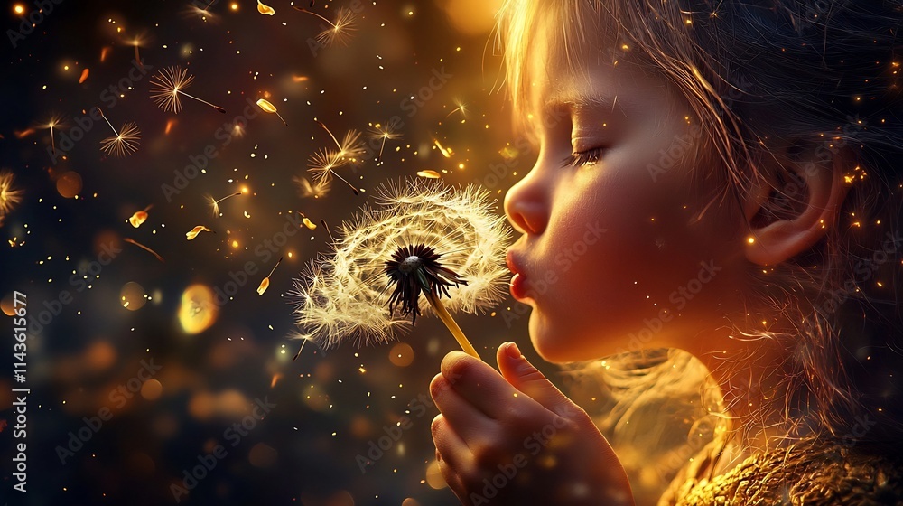Fototapeta premium A child blowing on a golden dandelion as its seeds scatter into the glowing wind symbolizing the fragile ephemeral nature of wishes and the hopeful whimsical spirit of luck and new beginnings
