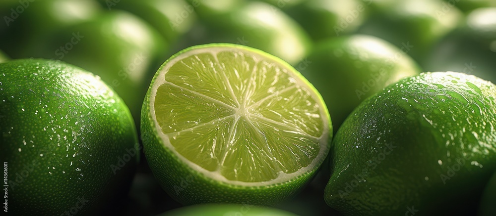 Close up shot of fresh green limes, one cut in half. Close up shot of fresh green limes, one cut in half.