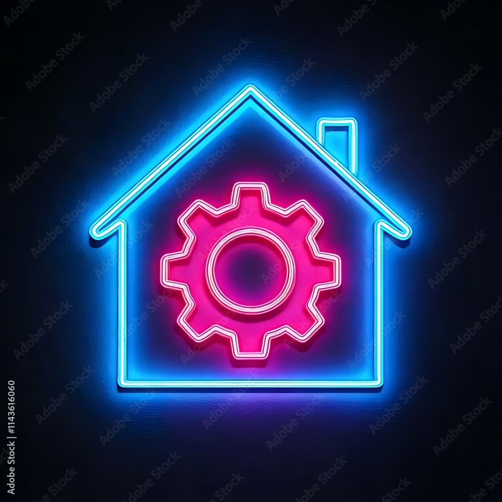 This neon icon shows a house with a gear, indicating smart home settings or customization. This neon icon shows a house with a gear, indicating smart home settings or customization.