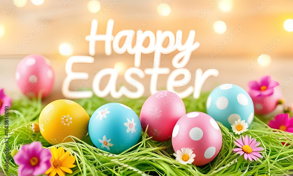 Happy Easter Text with Decorated Eggs on Green Grass, Floral Accents, and Warm Lighting, Festive Spring Scene, Easter Celebration, Holiday Greetings, Seasonal Decoration, Vibrant Easter Mood Happy Easter Text with Decorated Eggs on Green Grass, Floral Accents, and Warm Lighting, Festive Spring Scene, Easter Celebration, Holiday Greetings, Seasonal Decoration, Vibrant Easter Mood
