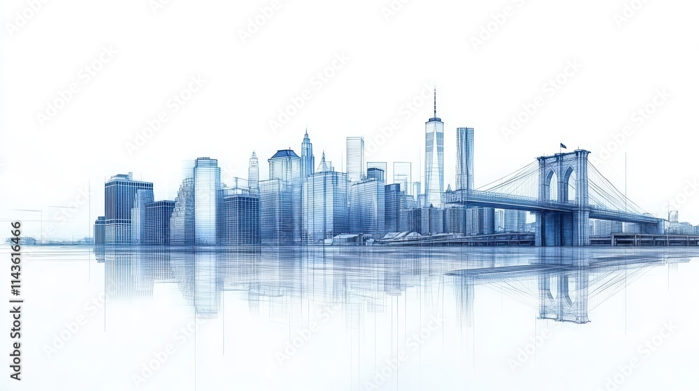 Naklejka premium architectural drawing skyline and Bridge. white background.