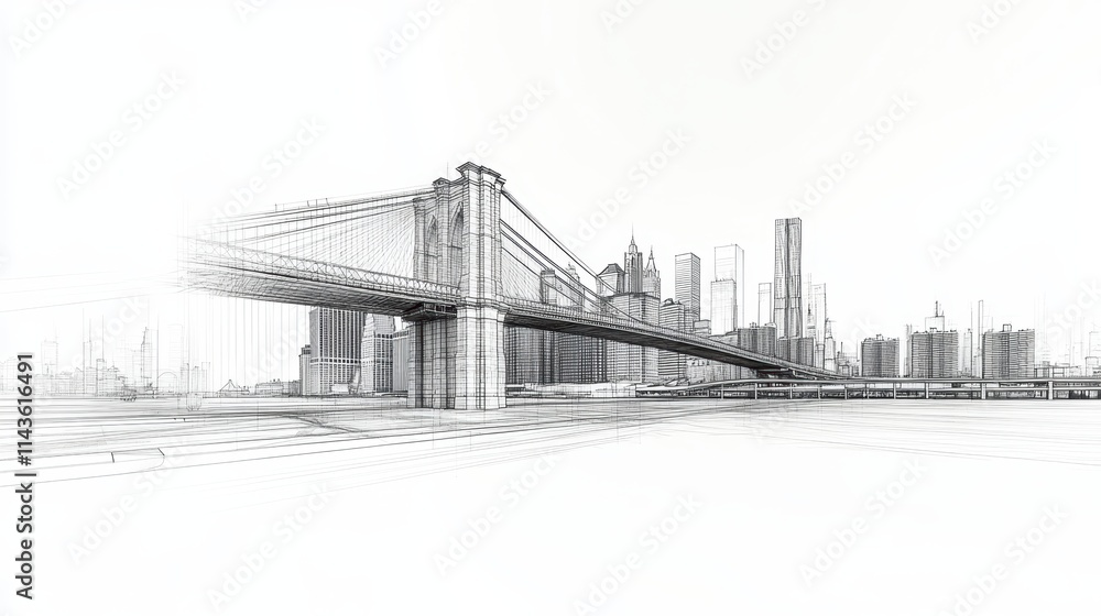 architectural drawing skyline and Bridge. white background. architectural drawing skyline and Bridge. white background.