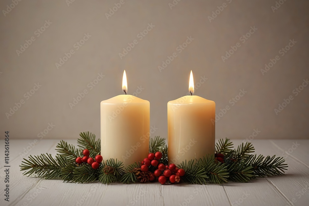 candles are lit on a table with pine branches and berries candles are lit on a table with pine branches and berries