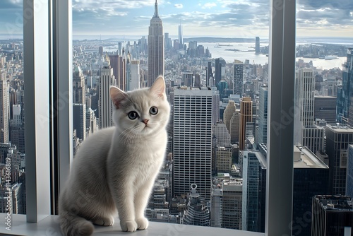 Cat overlooking city skyline new york pet photography urban environment close-up serenity