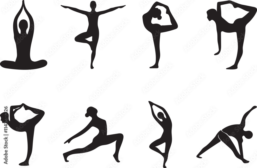 Set of vector silhouettes of women doing yoga exercises. Icons of a flexible girl stretching her body in different yoga poses. vector illustration Set of vector silhouettes of women doing yoga exercises. Icons of a flexible girl stretching her body in different yoga poses. vector illustration