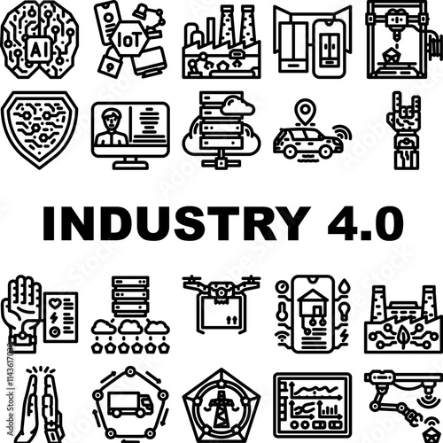 industry 4 automation robotics icons set vector. cybersecurity bigdata, analytics cloud, smart, connectivity sensors, machine learning industry 4 automation robotics black contour illustrations