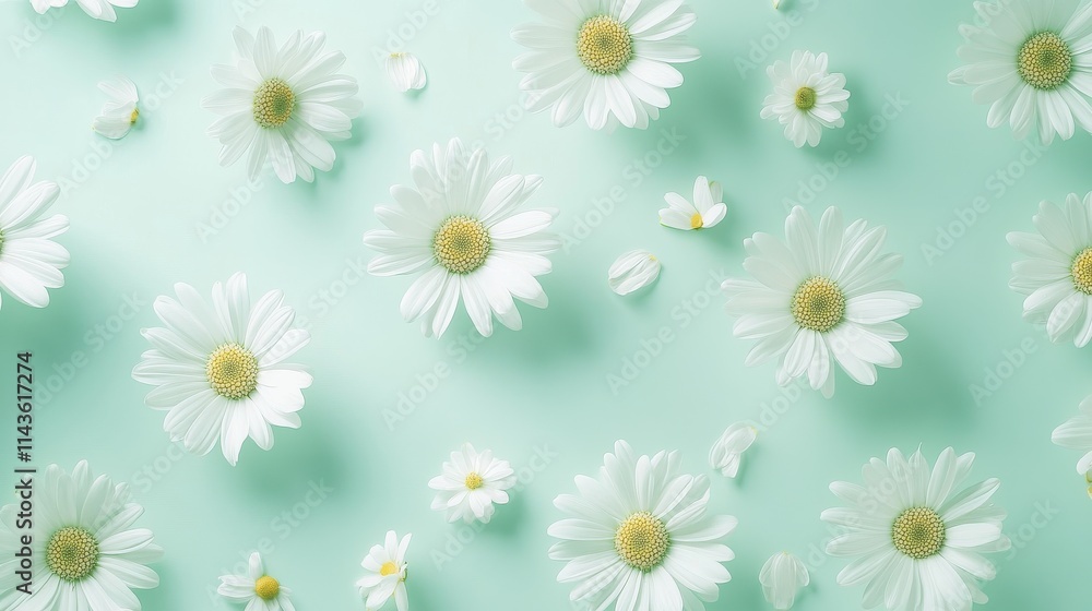 Floral pattern white daisies green background Floral pattern white daisies green background