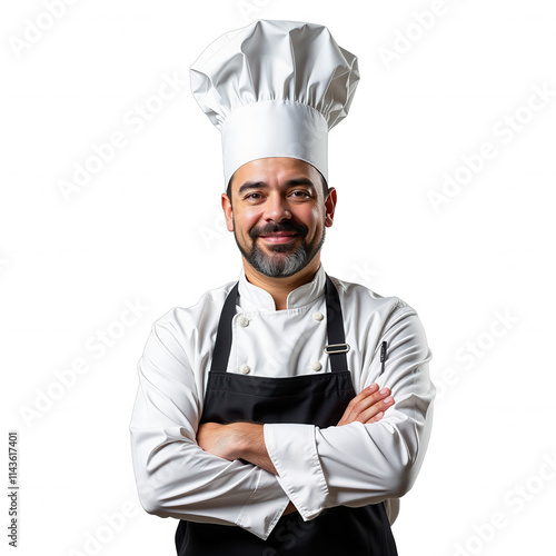 A stylish chef stands out against a transparent black background, donning a crisp white toque and sleek black apron with a shiny silver buckle photo