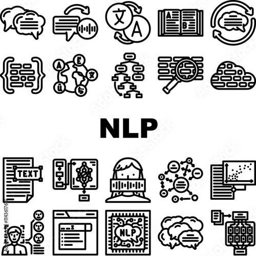 natural language processing nlp icons set vector. tokenization parsing, semantics syntax, embeddings transformers, bert natural language processing nlp black contour illustrations
