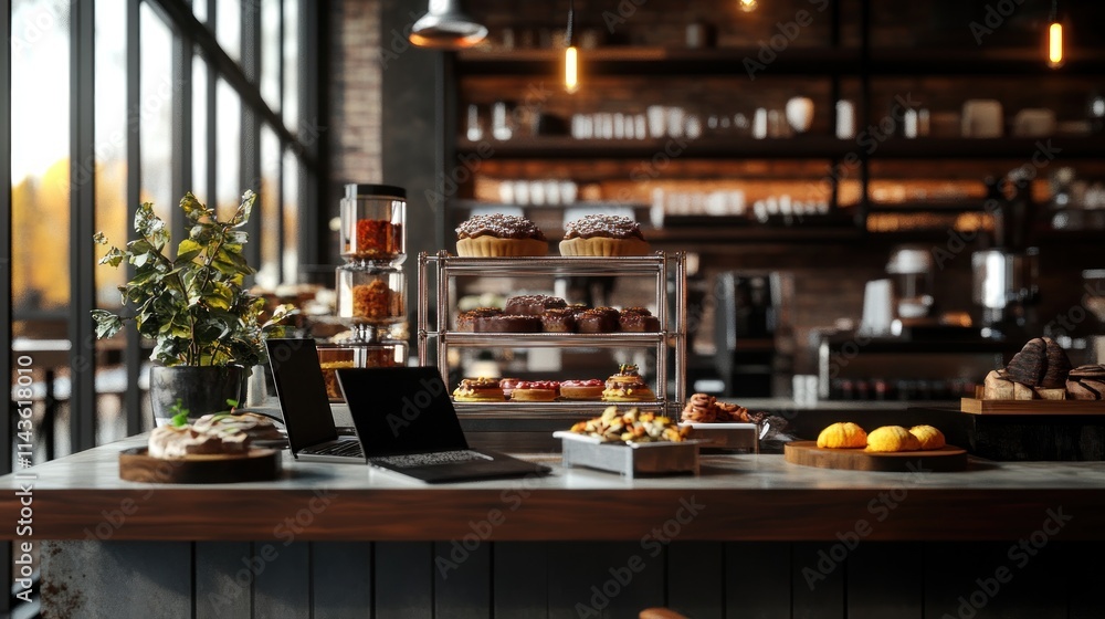 Cozy Coffee Shop Interior with Delicious Pastries and Laptops Cozy Coffee Shop Interior with Delicious Pastries and Laptops