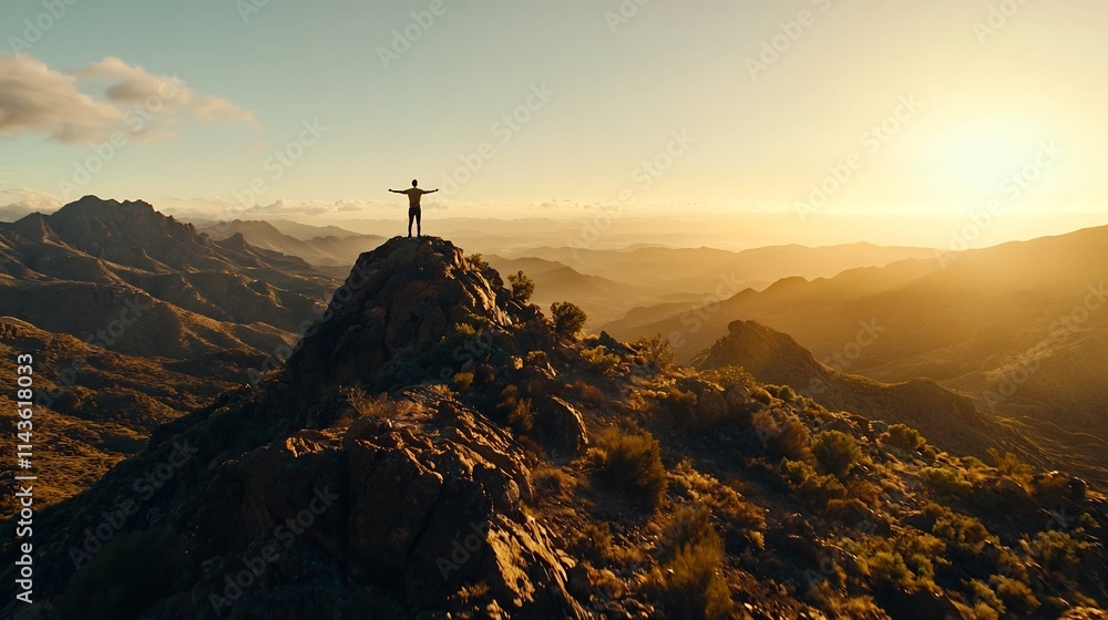 A single person standing victoriously atop a majestic mountain peak arms raised in triumph as the sun rises in the distance A single person standing victoriously atop a majestic mountain peak arms raised in triumph as the sun rises in the distance
