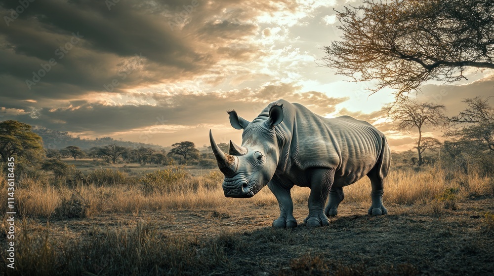 Obraz premium White Rhino at Sunset in the African Savanna