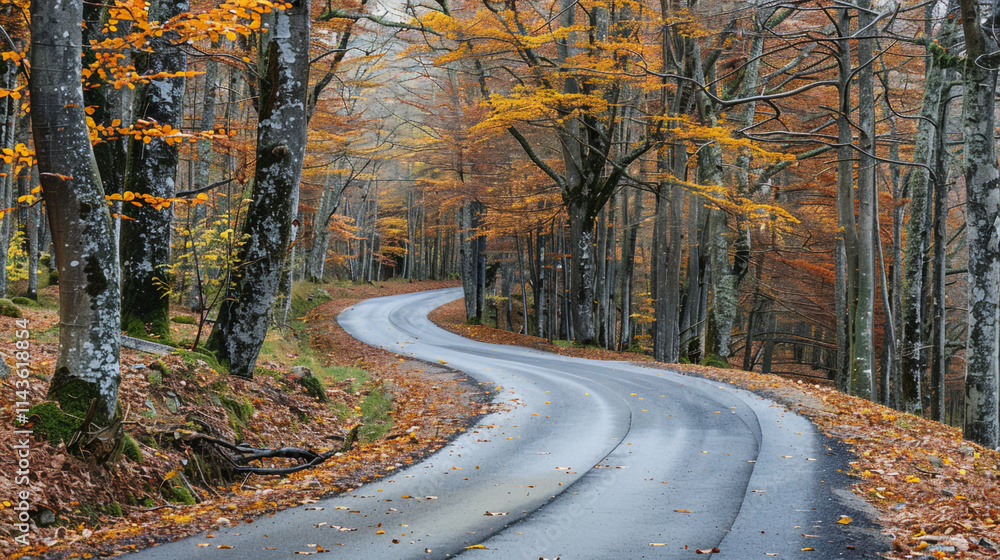 serene winding road surrounded by vibrant autumn foliage, inviting travelers to explore nature's beauty and tranquility.