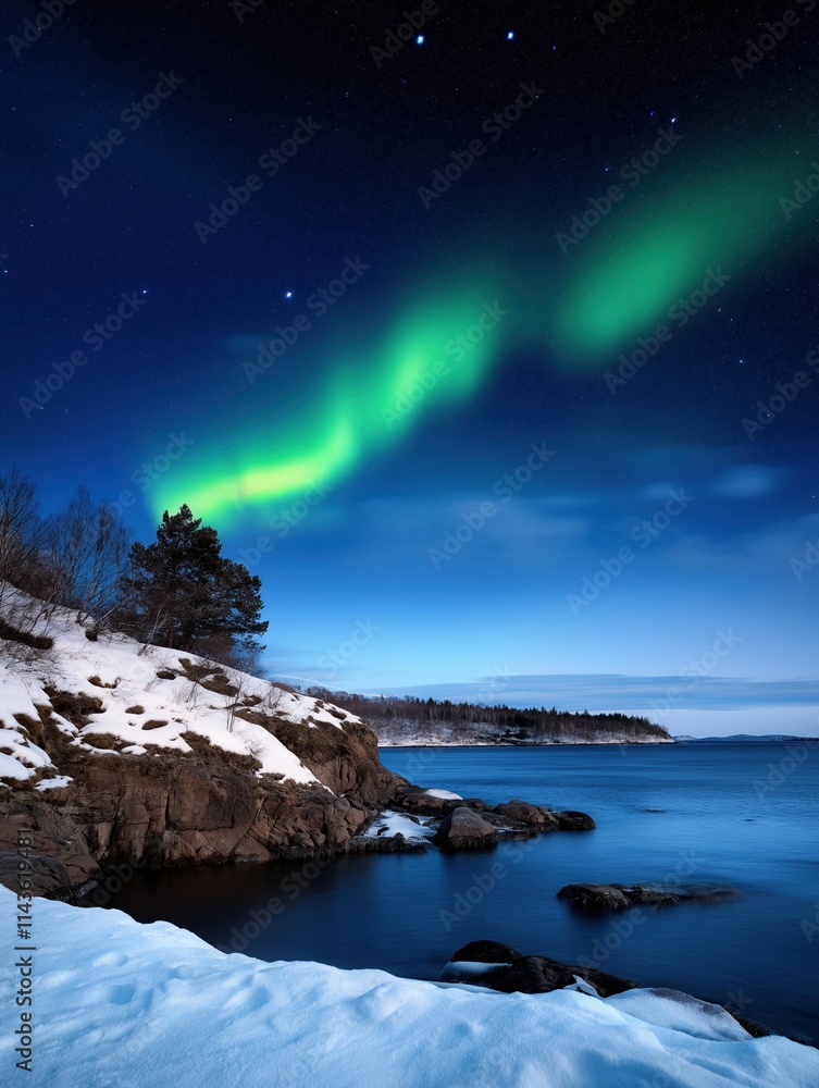 Naklejka premium Northern lights dance over snowy coastline scenic landscape night view