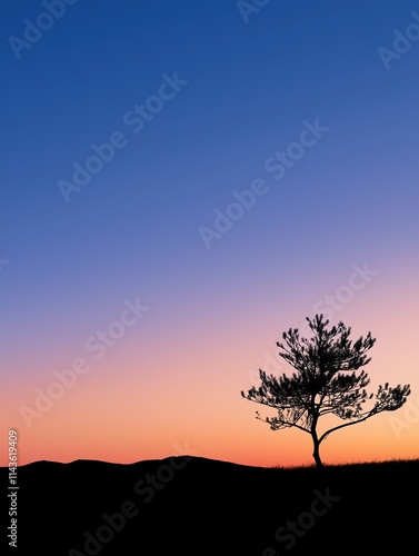 Silhouette of a pine tree against a colorful sunset nature landscape view