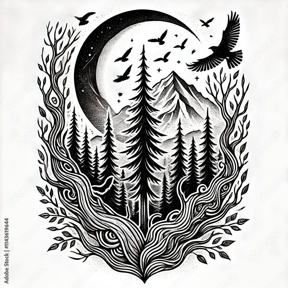 Black and white tattoo forest, moon