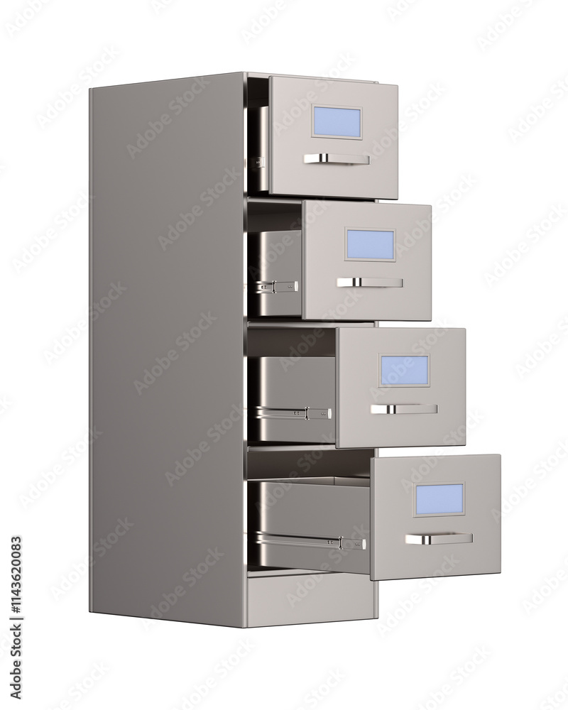 Filing cabinet with open drawer on white background. Isolated 3D illustration Filing cabinet with open drawer on white background. Isolated 3D illustration