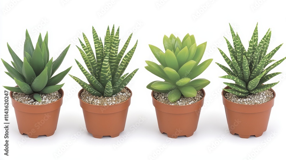 A collection of four potted succulents, each showcasing distinct shapes and textures, perfect for indoor decor and low-maintenance gardening. A collection of four potted succulents, each showcasing distinct shapes and textures, perfect for indoor decor and low-maintenance gardening.