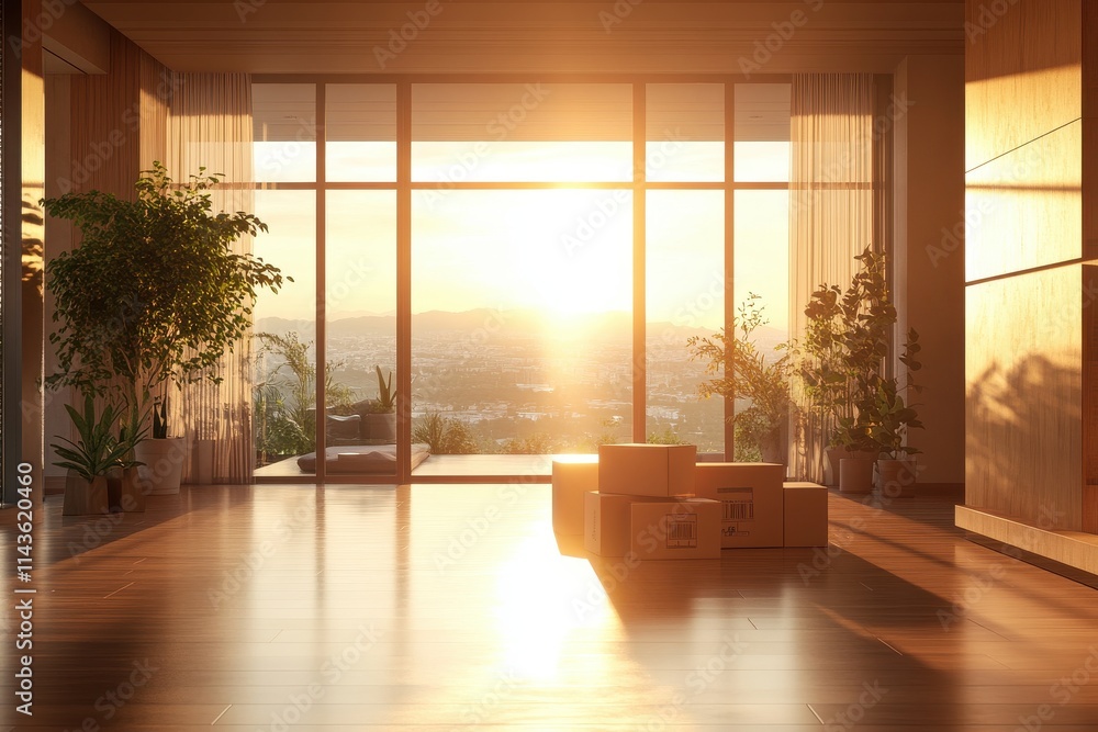 Luxurious modern interior floor to ceiling windows sunset view warm golden light Luxurious modern interior floor to ceiling windows sunset view warm golden light