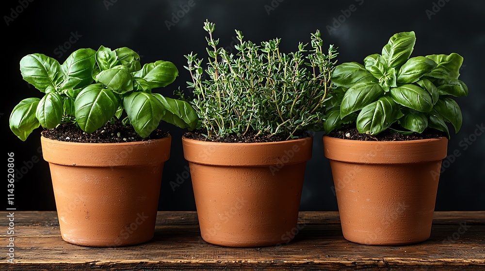 Three potted herbs basil and thyme arranged neatly Three potted herbs basil and thyme arranged neatly