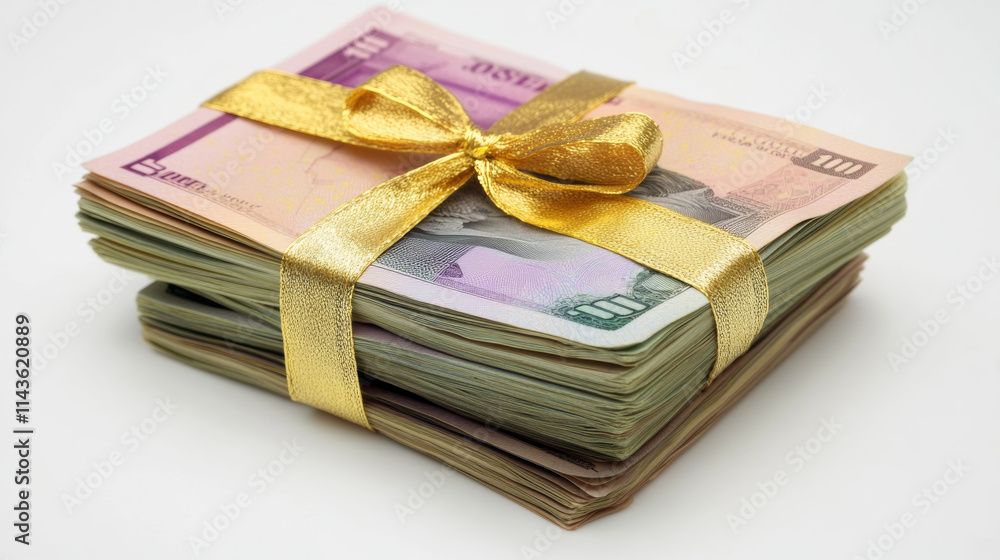 bundle of currency notes tied with golden ribbon, symbolizing wealth and prosperity. This captures essence of financial success and celebration bundle of currency notes tied with golden ribbon, symbolizing wealth and prosperity. This captures essence of financial success and celebration