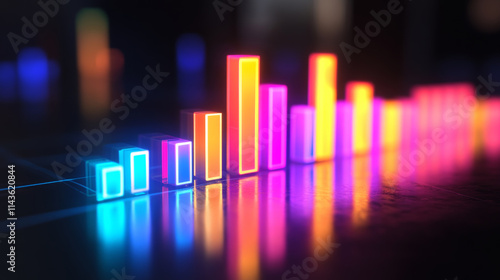 vibrant bar graph made of glowing neon lights on reflective surface, showcasing data visualization in modern style. colorful bars create energetic atmosphere