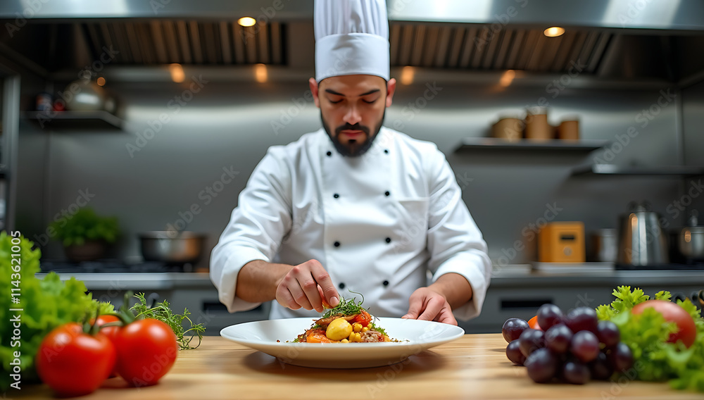 “Chef Preparing Gourmet Dish” – A chef in a professional kitchen skillfully plating a gourmet dish with vibrant colors, surrounded by fresh ingredients.
“Chef Preparing Gourmet Dish” – A chef in a professional kitchen skillfully plating a gourmet dish with vibrant colors, surrounded by fresh ingredients.