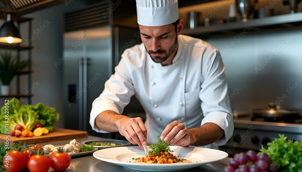 “Chef Preparing Gourmet Dish” – A chef in a professional kitchen skillfully plating a gourmet dish with vibrant colors, surrounded by fresh ingredients.
“Chef Preparing Gourmet Dish” – A chef in a professional kitchen skillfully plating a gourmet dish with vibrant colors, surrounded by fresh ingredients.