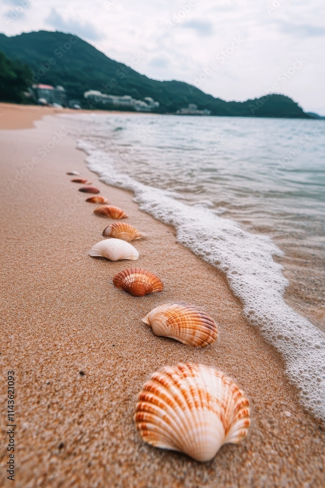 Seashells arranged in a line on a sandy beach near ocean waves Seashells arranged in a line on a sandy beach near ocean waves