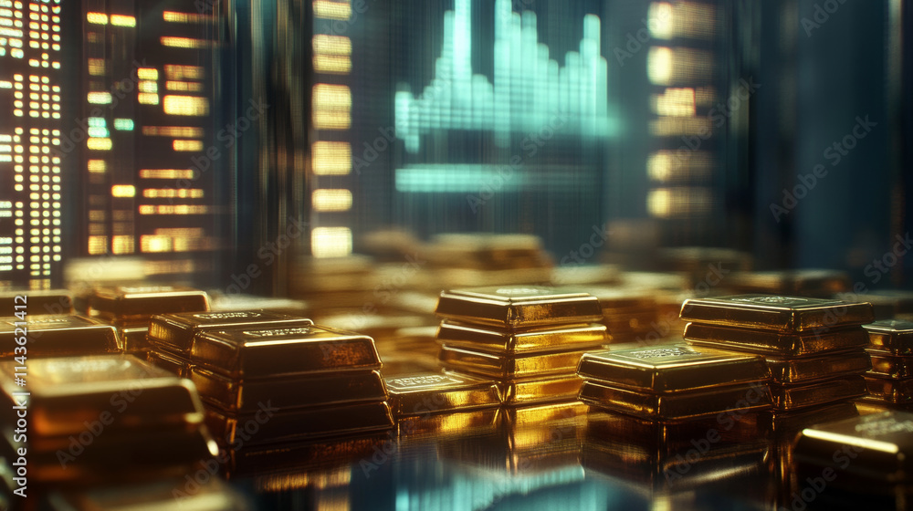 Obraz premium Stacks of gold bars on reflective surface with glowing elements create luxurious atmosphere. shimmering gold reflects wealth and prosperity in modern setting