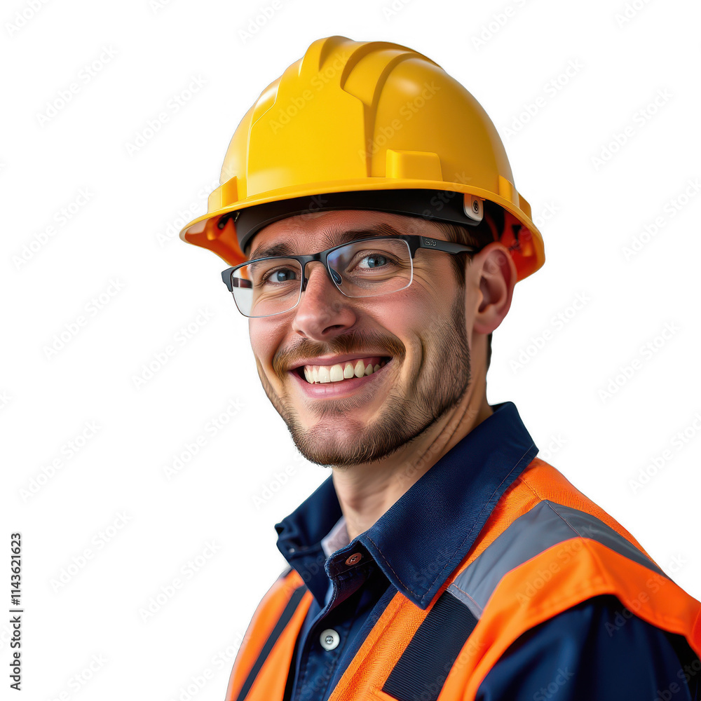 A vibrant construction worker's portrait on a transparent background, wearing a bright yellow hard hat and bold orange and blue safety vest against a sleek black backdrop A vibrant construction worker's portrait on a transparent background, wearing a bright yellow hard hat and bold orange and blue safety vest against a sleek black backdrop