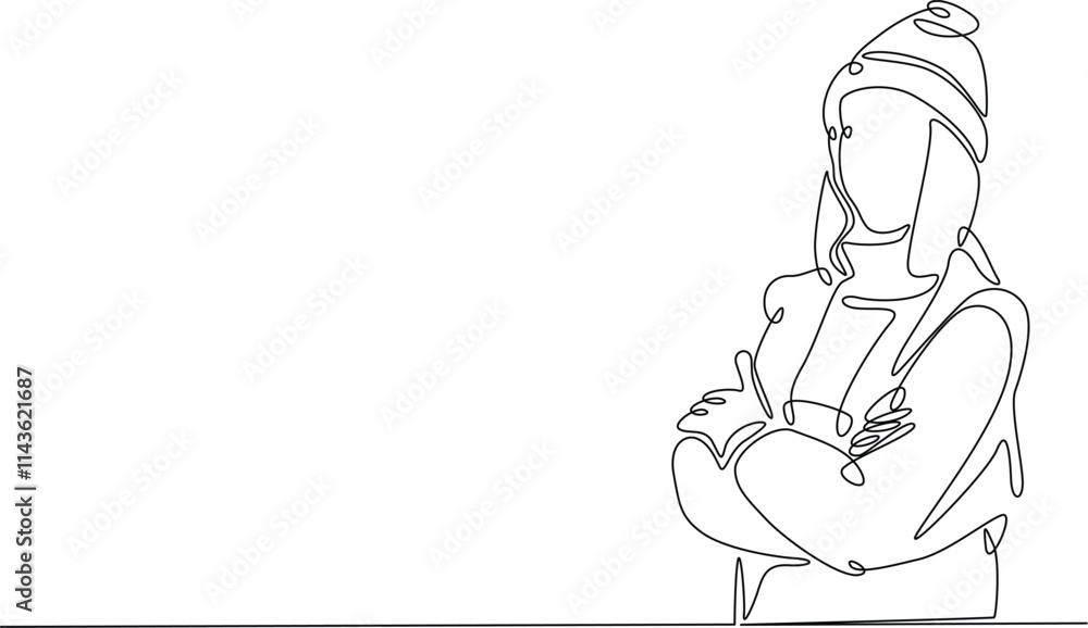 Continuous line drawing art of fashion model wear jacket in winter season. Fashion concept single line illustration. Continuous line drawing art of fashion model wear jacket in winter season. Fashion concept single line illustration.