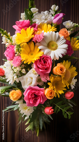 Wallpaper Mural Vibrant Blossom: An Artistic Arrangement of Fresh Roses, Tulips, Daisies with Rustic Background Torontodigital.ca