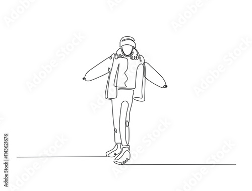 Continuous line drawing art of fashion model wear jacket in winter season. Fashion concept single line illustration.