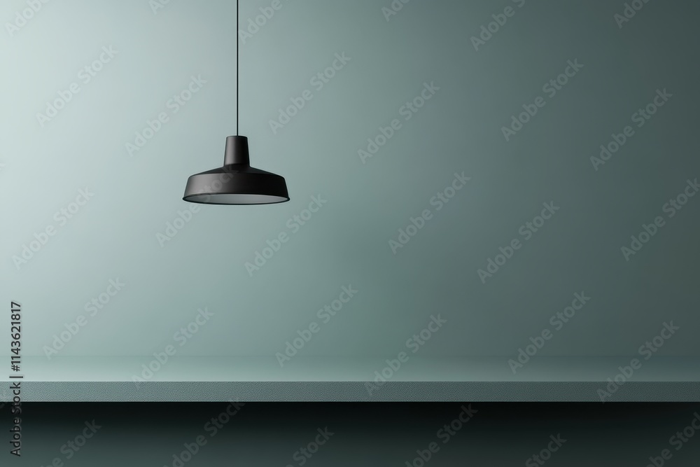 Black Pendant Light Hanging Above a Shelf Against a Light Green Wall Black Pendant Light Hanging Above a Shelf Against a Light Green Wall
