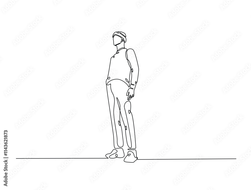 Continuous line drawing art of fashion model wear jacket in winter season. Stylish guy wearing casual outfit in single line illustration. Continuous line drawing art of fashion model wear jacket in winter season. Stylish guy wearing casual outfit in single line illustration.