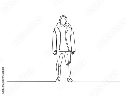 Continuous line drawing art of fashion model wear jacket in winter season. Stylish guy wearing casual outfit in single line illustration.