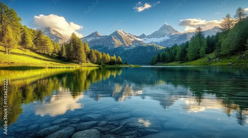 Majestic alpine landscape snow capped mountain peaks serene mountain lake Majestic alpine landscape snow capped mountain peaks serene mountain lake