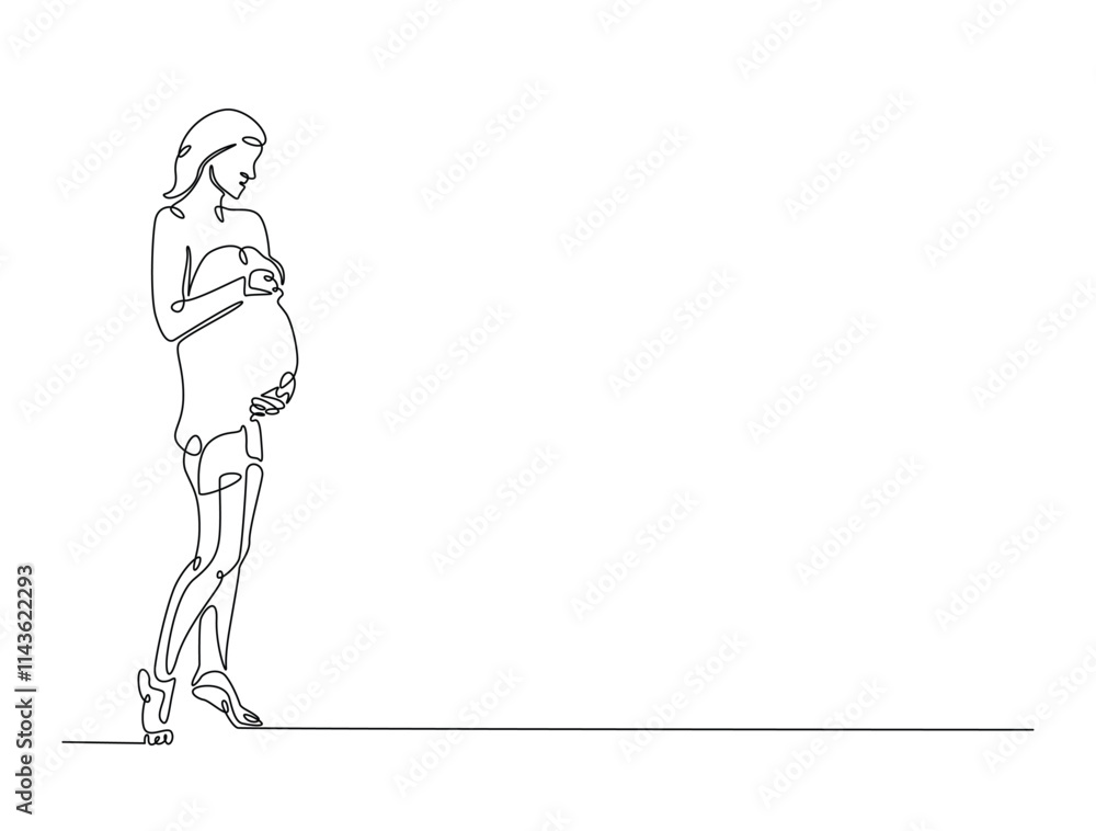 Continuous line drawing art of beautiful pregnant woman stand and holding her belly. woman and mother day concept. Continuous line drawing art of beautiful pregnant woman stand and holding her belly. woman and mother day concept.