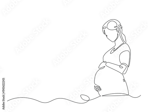 Continuous line drawing art of beautiful pregnant woman stand and holding her belly. woman and mother day concept.