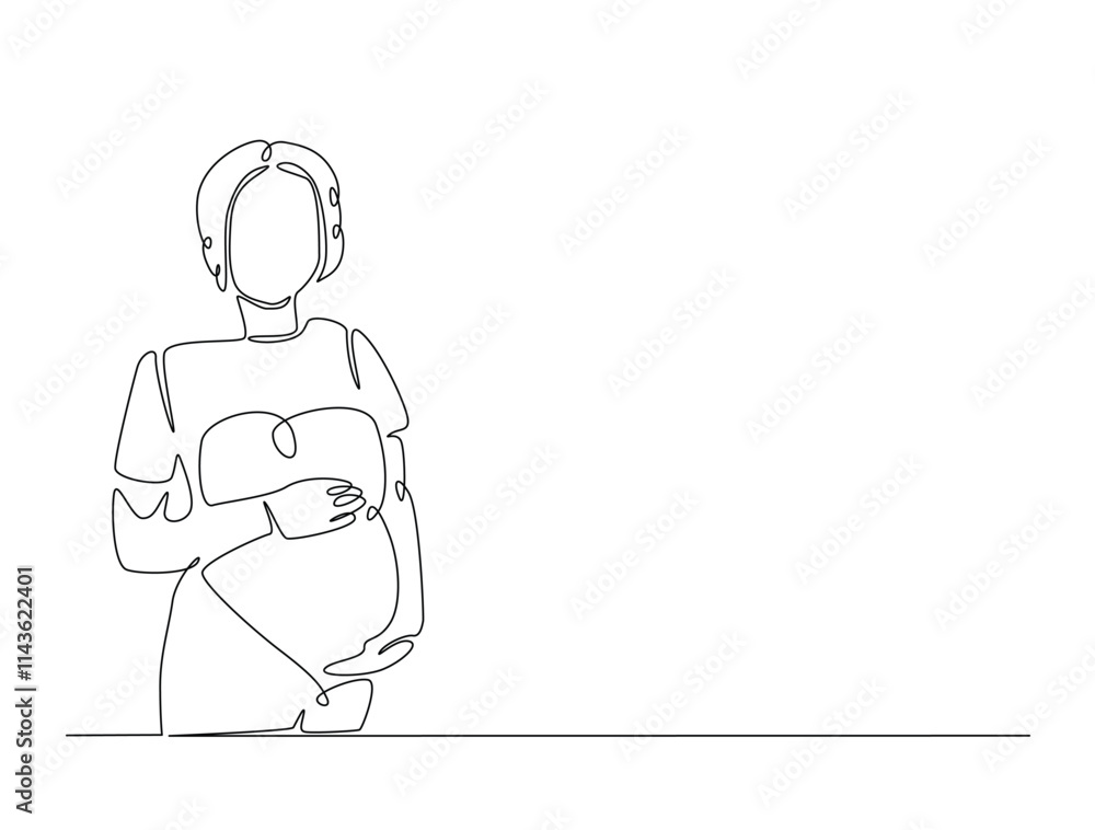 Continuous line drawing art of beautiful pregnant woman stand and holding her belly. woman and mother day concept. Continuous line drawing art of beautiful pregnant woman stand and holding her belly. woman and mother day concept.