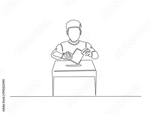 Continuous line drawing art of male voter placing ballot in ballot box polling place, election day concept.