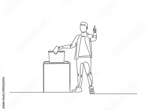 Continuous line drawing art of male voter placing ballot in ballot box polling place, election day concept.