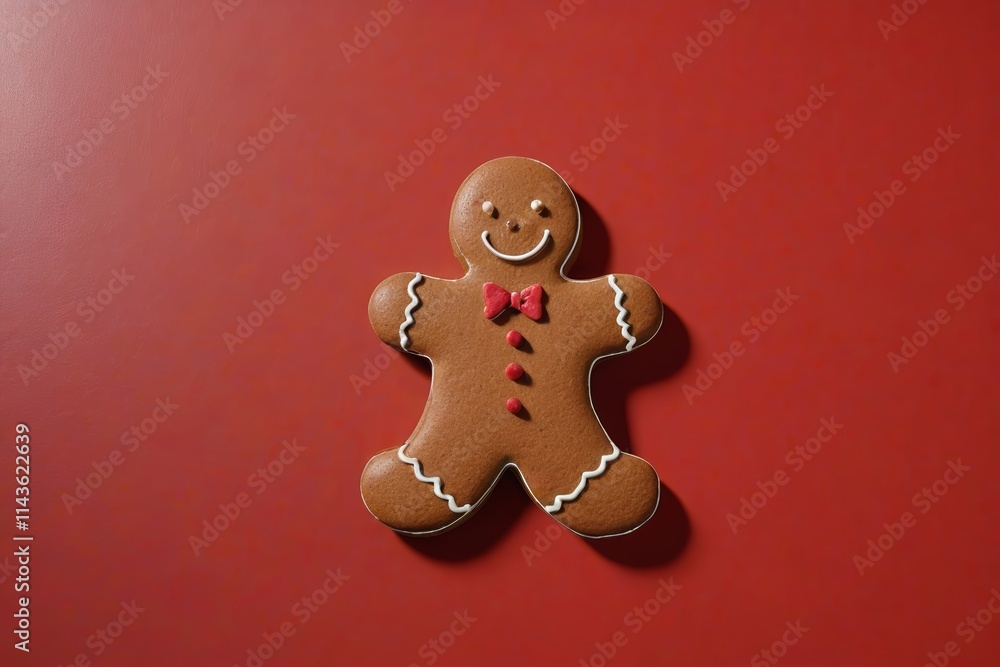 there is a gingerbread man on a red surface with a red bow there is a gingerbread man on a red surface with a red bow