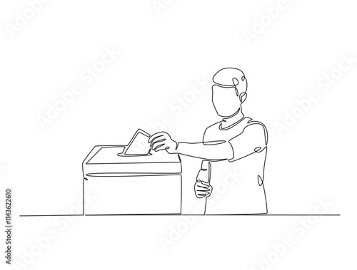 Continuous line drawing art of male voter placing ballot in ballot box polling place, election day concept.
