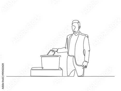 Continuous line drawing art of male voter placing ballot in ballot box polling place, election day concept.