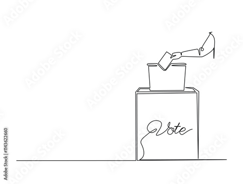 Continuous line drawing art of voter's hand placing ballot in ballot box polling place, election day concept.