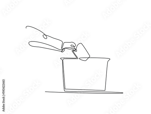 Continuous line drawing art of voter's hand placing ballot in ballot box polling place, election day concept.