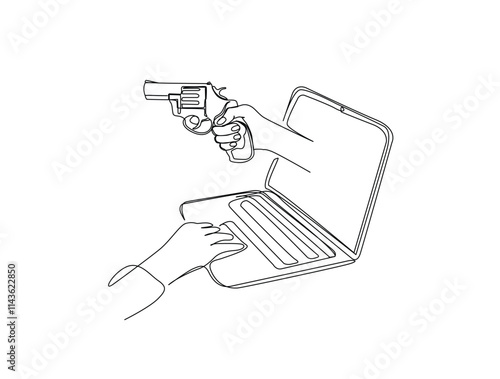 Continuous line drawing art of hand holding gun coming out from the laptop or notebook screen. computer attacks concept.