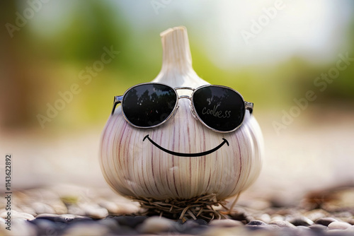 A garlic bulb with sunglasses and a mischievous smile, exuding 